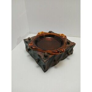 ​Vtg MCM Brutalist Studded Wood Amber Glass Ashtray Rustic Tobacciana 1950s